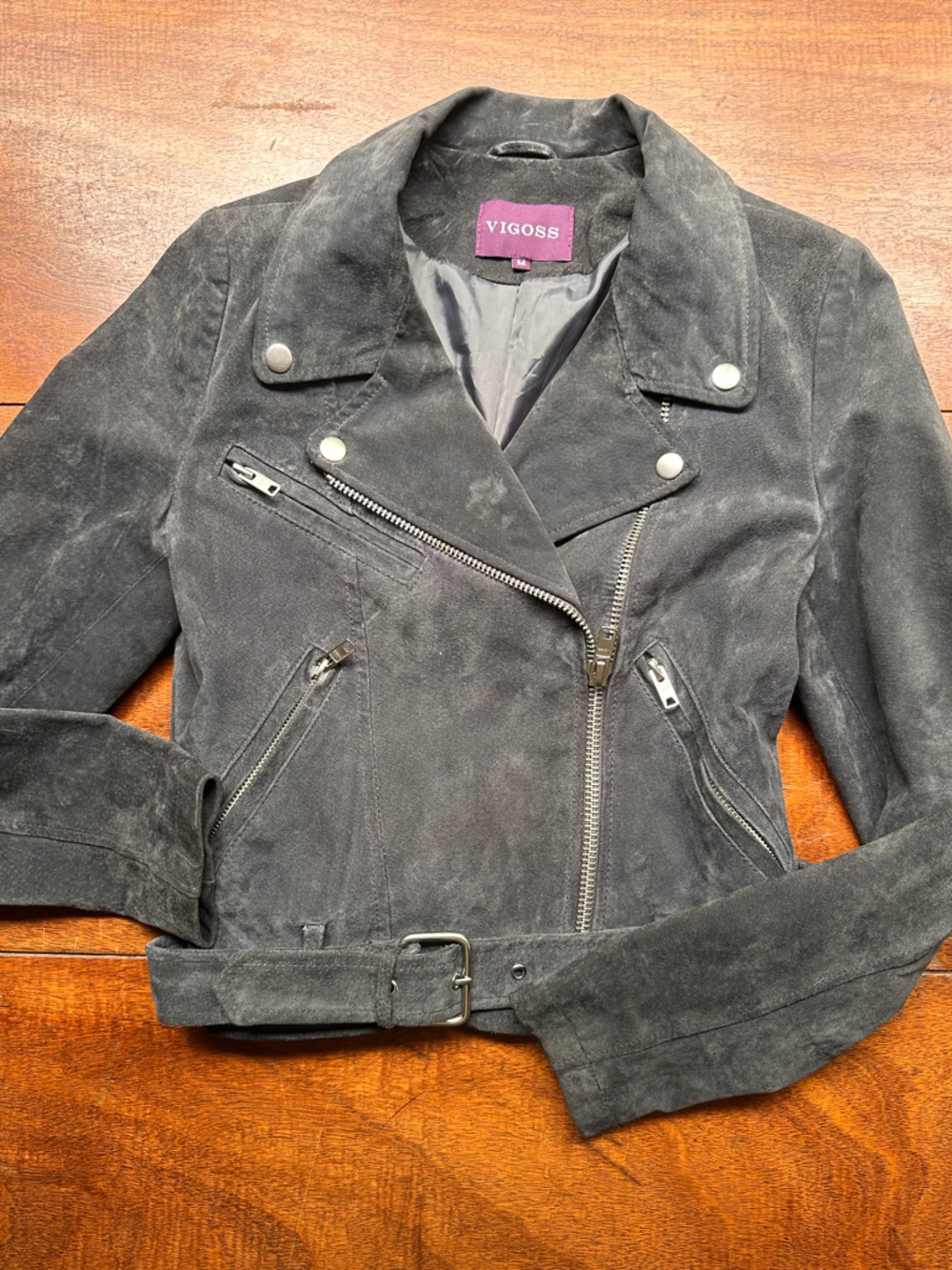 VIGOSS Genuine Suede Moto Jacket Cropped Gray Biker Style Size M (Runs XS/S)